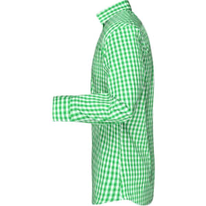 A green checked button-up shirt displayed from the side, featuring a collar and long sleeves.
