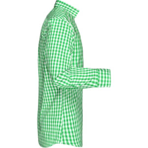 A green and white checked button-up shirt with long sleeves and a collar, featuring a logo on the side.