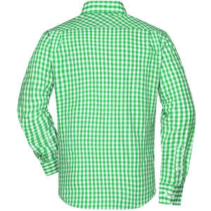 A green checked button-up shirt with long sleeves and a back view, featuring a logo on the collar.