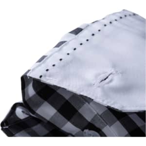 A close-up of a black and white checked button-up shirt collar, featuring a logo and detailed stitching.