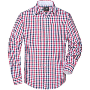 A button-up shirt featuring a red, white, and blue checked pattern, complete with a collar and long sleeves.