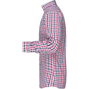 A side view of a men's button-up shirt featuring a red, white, and blue checked pattern. It has a collar and long sleeves.