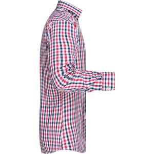 A button-up shirt featuring a red, white, and blue checked pattern. It has long sleeves and a collar.
