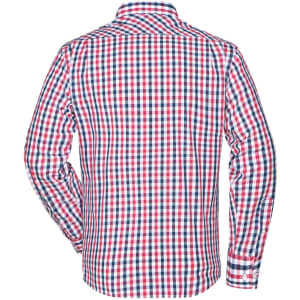 A checked button-up shirt in red, white, and blue, featuring long sleeves and a collar.