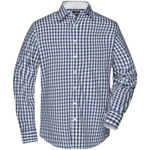 A men's button-up shirt featuring a blue and white checked pattern with long sleeves and a collar.