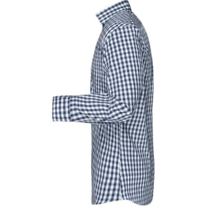 A side view of a men's checked shirt featuring a blue and white gingham pattern. The shirt has long sleeves and a collar.
