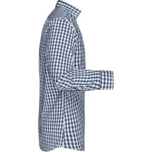 A blue and white checked men's button-up shirt displayed from the side. Features a collar and long sleeves.