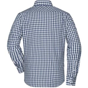 A mens checked shirt in navy and white, featuring a button-up design and long sleeves. It has a logo on the back.