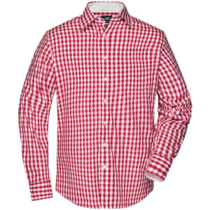 A red and white checked button-up shirt with long sleeves and a collar, featuring a logo.