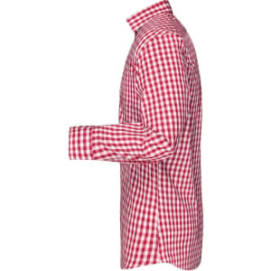 A red and white checked shirt displayed from the side, featuring a collar and button-up design. It has a logo.