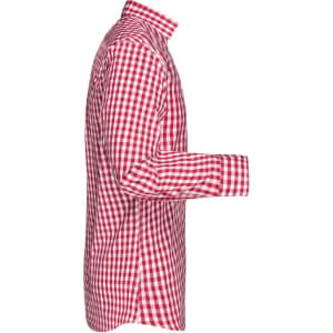A red and white checked button-up shirt features a classic collar and long sleeves. The shirt has a logo on the fabric.