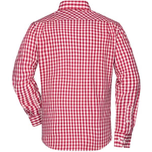 A men's button-up shirt with a red and white checked pattern, featuring long sleeves and a collar.