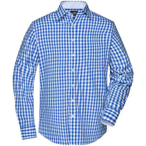 A blue and white checked men's button-up shirt with long sleeves and a collar. The shirt features a logo.