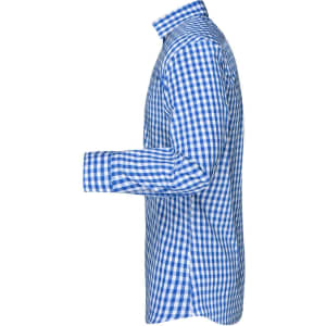 A men's button-up shirt featuring a blue and white checked pattern, with a collared neck and long sleeves.