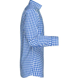 A blue and white checked button-up shirt displayed from the side, featuring a collar and long sleeves.