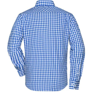 A blue and white checked button-up shirt with long sleeves and a collared neck. The back view features a logo.