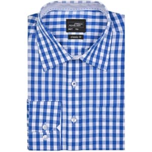 A blue and white checked button-up shirt folded neatly, featuring a classic fit and a logo on the label.