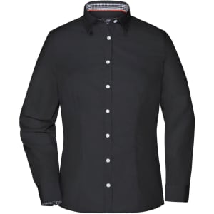 A black button-up ladies' shirt with a classic collar and patterned inner detailing. Features a logo.
