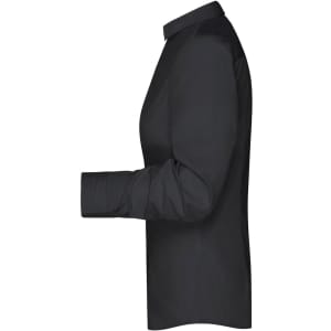 A plain black button-up ladies' shirt displayed from the side, featuring a collar and long sleeves.