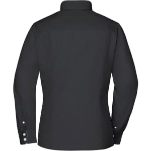 A plain black button-up shirt with a collar and long sleeves, featuring buttons on the cuffs and back.