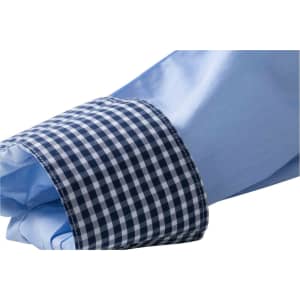 A blue button-up shirt with a checkered navy and white cuff detail and a logo.