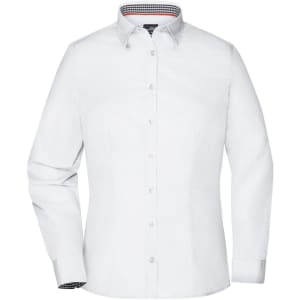 A plain white button-up shirt for ladies featuring a checkered pattern inside the cuffs and collar, with a logo.