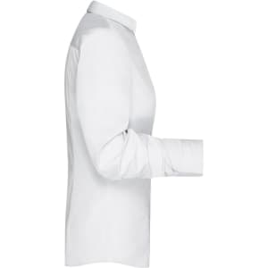 A plain white button-up shirt with a collar and long sleeves, featuring a side profile view.