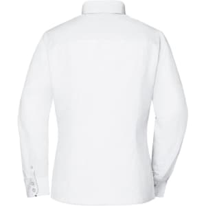 A white button-up shirt with long sleeves and a collared neckline, featuring a logo on the back.