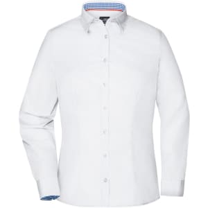A white button-up shirt with long sleeves and a checked pattern on the cuffs. It features a logo.