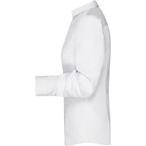 A white button-up shirt with long sleeves and a fitted silhouette, featuring a collar and one logo.