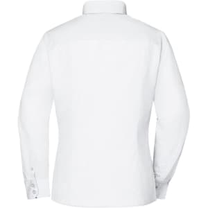 A plain white button-up shirt with long sleeves and a collar, featuring button details on the cuffs.