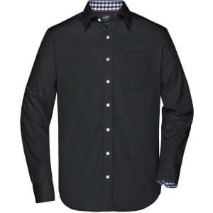 A black button-up shirt featuring a check pattern inside the collar and a chest pocket. The shirt has a logo.