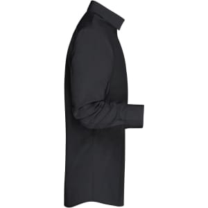 A plain black button-up shirt displayed from the side, featuring a collar and long sleeves.