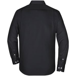 A black button-up shirt with long sleeves and a collar, featuring a logo on the back.