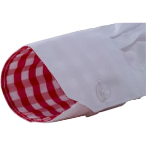 A white button-up shirt featuring a red checked pattern on the cuff. The shirt includes a button detail.