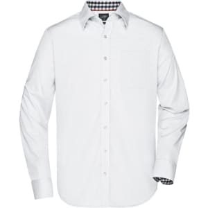 A white button-up shirt with long sleeves and a pocket, featuring a checked pattern inside the collar.