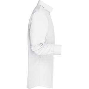 A plain white button-up shirt displayed sideways, featuring a collar and long sleeves, with a logo on the sleeve.