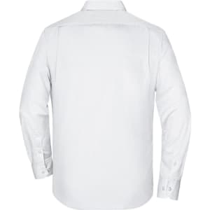 A plain white button-up shirt with long sleeves and a classic collar, featuring a subtle logo on the back.