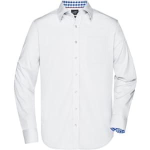 A white button-up shirt featuring a chest pocket and patterned cuffs. It includes a logo on the collar.