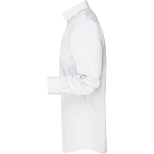 A plain white button-up shirt displayed from the side, featuring a collar and long sleeves. It has a logo present.