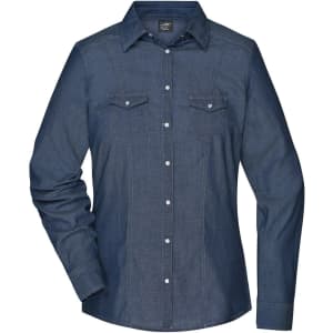 A ladies denim button-up blouse in a dark blue shade with two chest pockets and long sleeves.