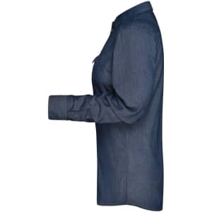 A denim blouse in dark blue, featuring a button-up design and long sleeves. The shirt has a simple style and a logo.