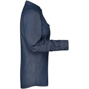 A denim blouse in a deep blue shade, featuring a button-up design and long sleeves. The blouse has a logo on it.