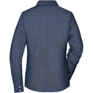 A back view of a women's denim blouse in dark blue with long sleeves and a button-up design.