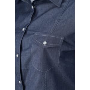 A dark denim blouse featuring a button-up front and a pocket with a silver button detail.