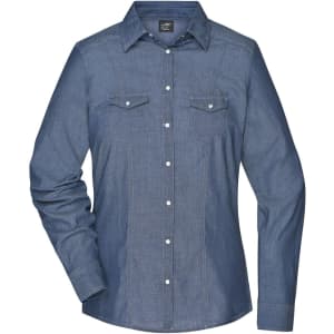 A ladies button-up denim blouse in a medium blue shade, featuring two chest pockets and a collar.