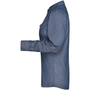 A ladies button-up denim blouse in blue, showcasing a side view with a single pocket and long sleeves.