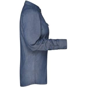 A side view of a ladies button-up denim blouse in blue, featuring long sleeves and a collar.