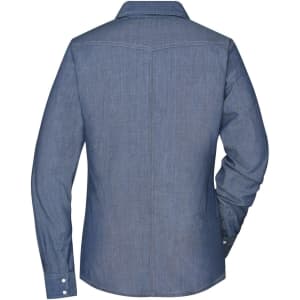 A ladies' denim blouse in a dark blue shade, featuring long sleeves and a collared neckline. It has a logo on the back.