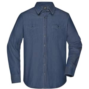 A men's denim button-up shirt in a medium blue shade, featuring two chest pockets and a classic collar.